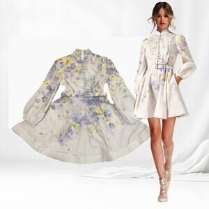 Zimmermann 2, US 6 Crush Buttoned Mini Dress | Lilac Floral Linen NWOT $950